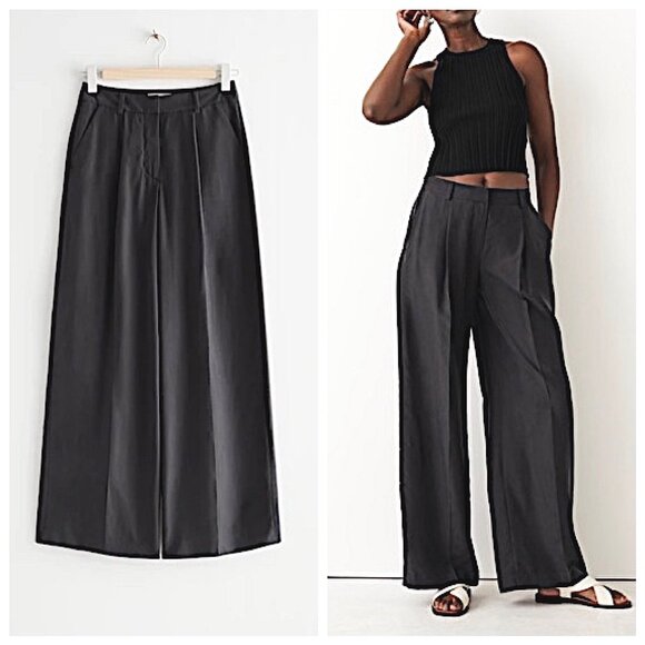 & Other Stories Pants - & Other Stories Wide Silk Trousers in Black Size 6